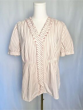 Converse One Star Red Off-White Striped Fringe V-Neck Cinched Waist Blouse L